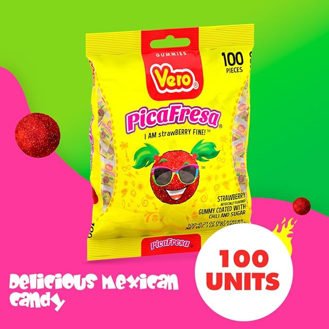 Vero PicaFresa Strawberry Gummies with Chili Mexican Candy 100 Count